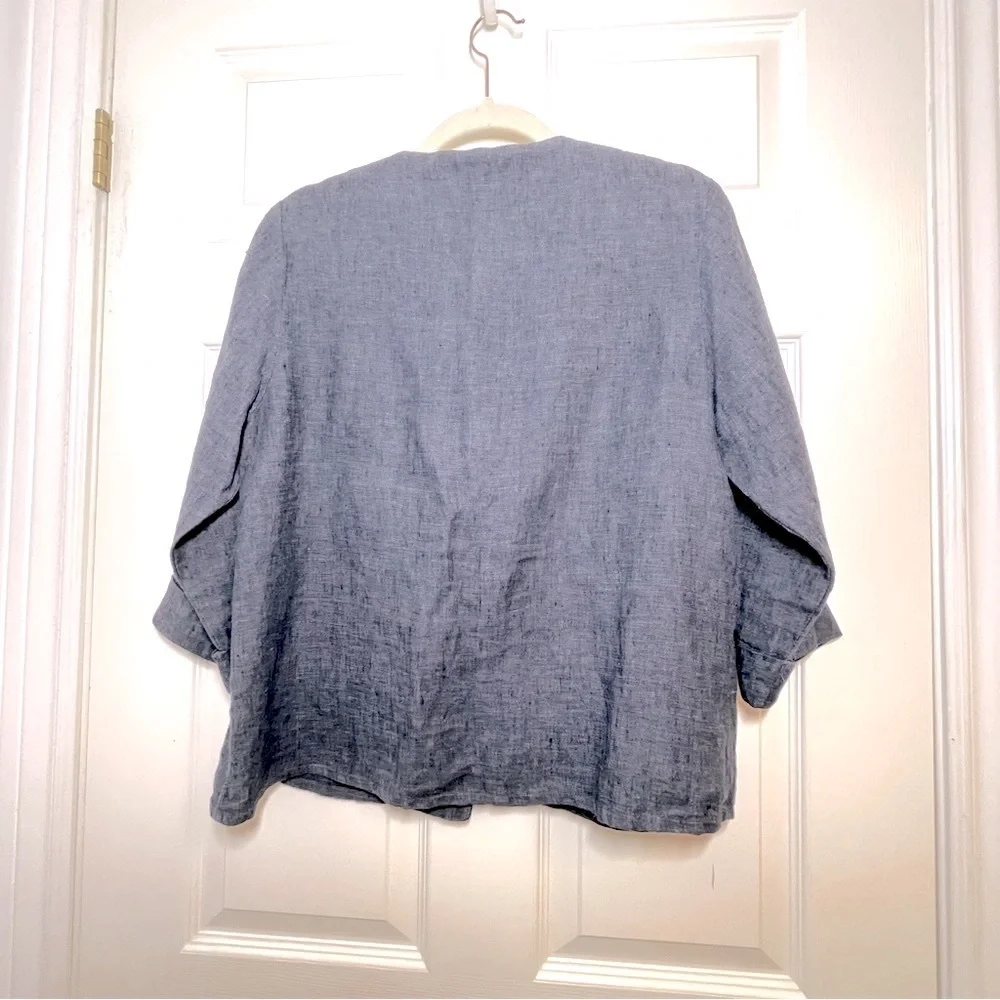 Flax Blue Gray Button 100% Linen Blazer Collarless Design Size Small - Picture 6 of 7